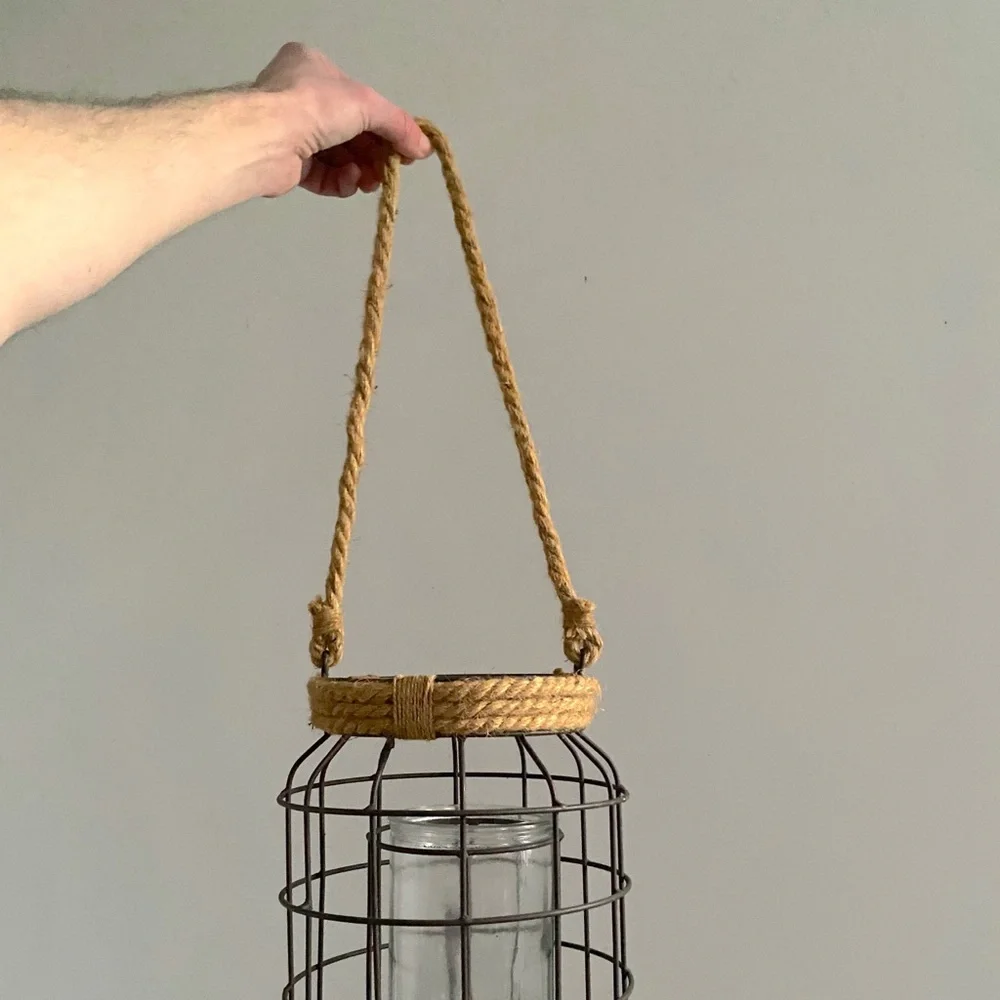 large 23” metal and jute lantern - rustic candle lighting decor